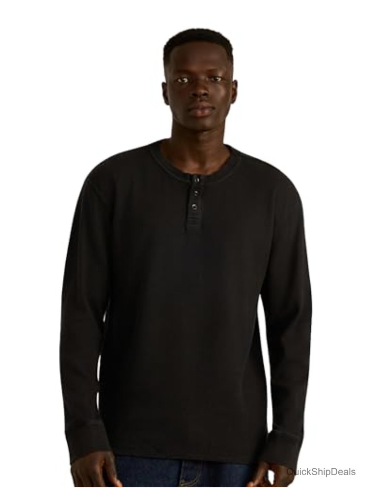 Organic Cotton Waffle Knit Henley Shirt Men's Long Sleeve Button Placket